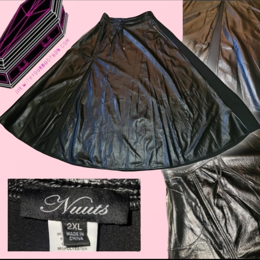Nuuts Brand - Black Faux Leather Neoprene Maxi Skirt with Zip Pockets, Size 2XL